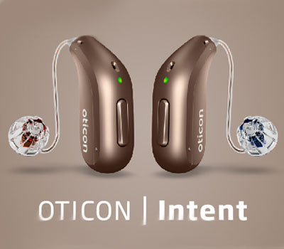 Oticon Intent Hearing Aids with a brown color.