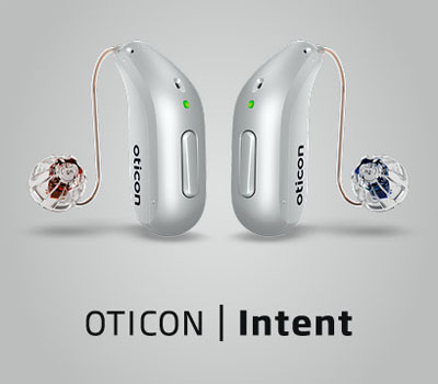 Oticon Intent Hearing Aids with a silver color.